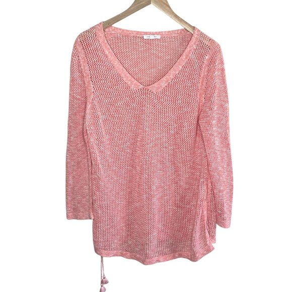 Talbots women’s large tasseled Pink open Knit V-Neck Pullover Sweater - Picture 1 of 10